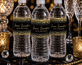 Black Gold Water Bottle Labels, Birthday Water Bottle Wraps, Editable Drink Labels, 30th Birthday Decorations, Printable Party Labels