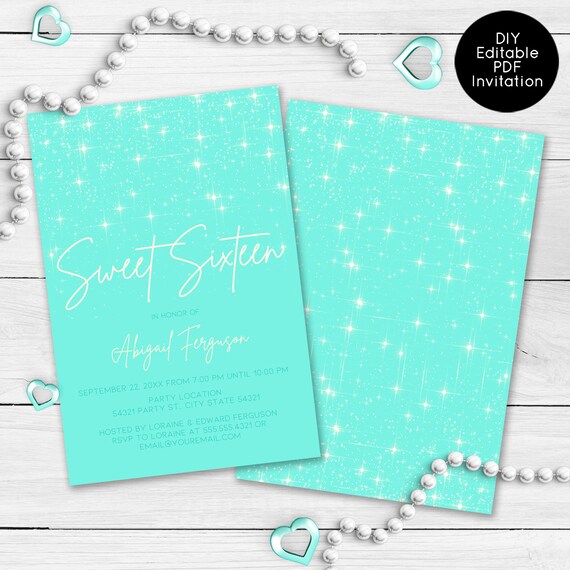 Aqua Glitter Sweet Sixteen Party Invitation, Sweet 16 Birthday Invitations, Sparkle Sweet Sixteen Invitations, Printable Sweet 16 Invitation Il_570xn