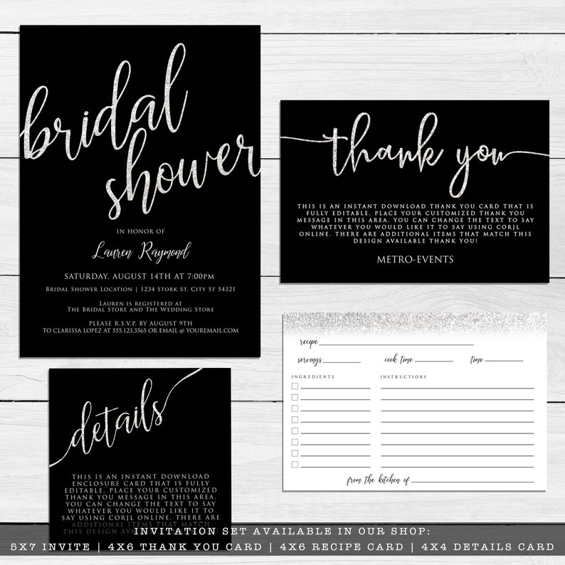 Minimalist Black and Silver Bridal Shower Invitation Kit. Glamorous and Sparkling created with a black background and silver glitter accents. Designed by MetroEvents.