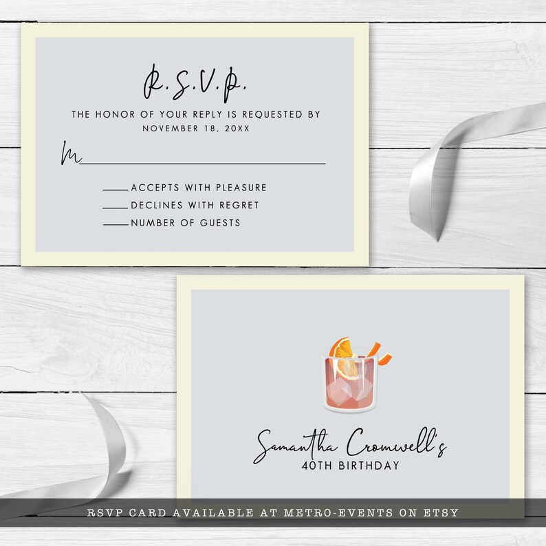 Minimalist Cocktail Party RSVP Cards. A classy cocktail glass garnished with an orange and retro typography. Designed by MetroEvents.