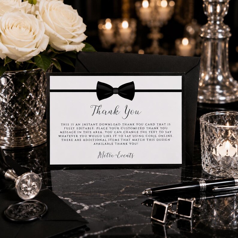 May include: A rectangular thank you card featuring a black bow tie graphic at the top, the text Thank You, and instructional text regarding an instant download and editing via Corjl. The card includes the brand name Metro-Events at the bottom.