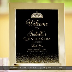 A sparkling-glam party theme, this glitzy welcome sign features faux gold glitter with a diamond and gold crown accent on a black background. Designed By MetroEvents.