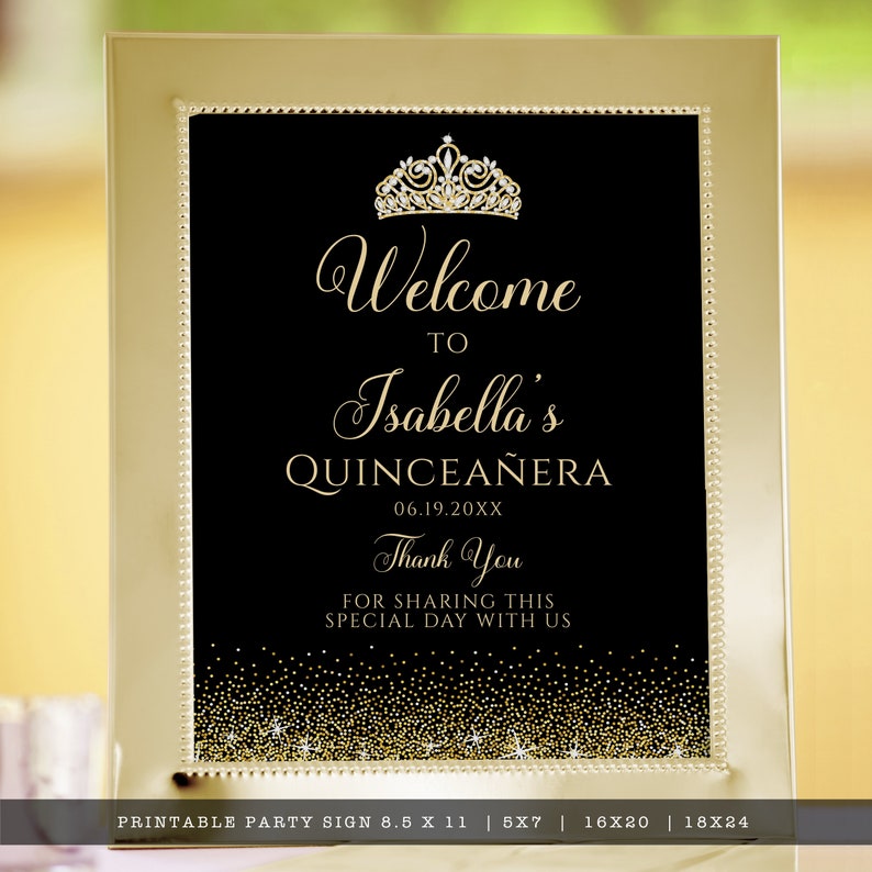 A sparkling-glam party theme, this glitzy welcome sign features faux gold glitter with a diamond and gold crown accent on a black background. Designed By MetroEvents.