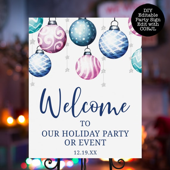Christmas Ornament Welcome Signs, Corjl Template, Holiday Party Sign, Printable Welcome Sign, Instant Download, Holiday Sign, Christmas Sign Il_570xn