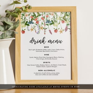 Wildflower Boho Watercolor Bridal Shower drink menu - Customizable Corjl Template for DIY Printing. Unique Floral Design with Personalized Details.