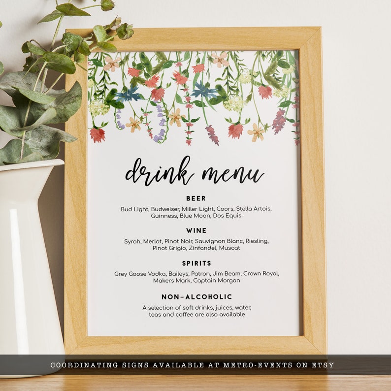 Wildflower Boho Watercolor Bridal Shower drink menu - Customizable Corjl Template for DIY Printing. Unique Floral Design with Personalized Details.