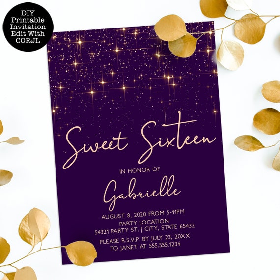 Glam Purple and Rose Gold Sweet Sixteen Party Invitation, Sweet 16 Birthday Invitations, Sparkle Sweet Sixteen Invitations, Corjl Invitation Il_570xn