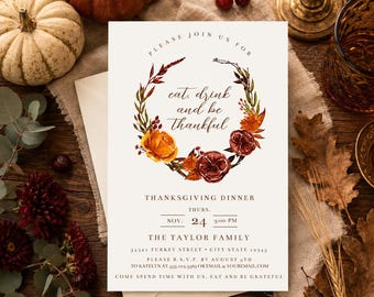 Floral Thanksgiving Invitations, Invitation Template, Edit with CORJL, Printable Invitation, Dinner Invitation, Fall Floral Invitations