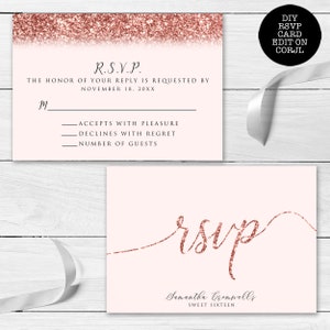 Tarjeta RSVP Blush Pink Glitter, Tarjeta rsvp rosa, Plantilla rsvp, Descarga instantánea, Plantilla Corjl, Tarjeta de gabinete, Tarjeta rsvp Glitter, Imprimible