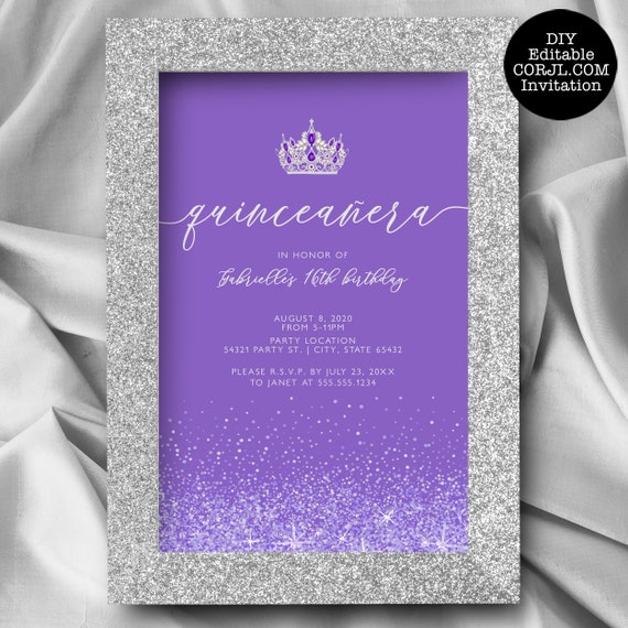 Light Purple Glitter Quinceanera Invitations, Quinceañera Invitations,  Quinceañera Crown Invitations, Printable Quince Invitations, Corjl by  Metro-Events Party Supplies | Catch My Party