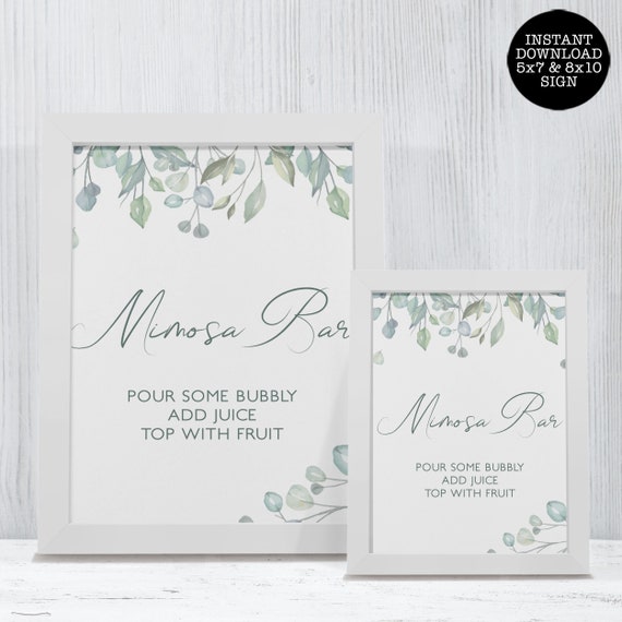 Greenery Mimosa Bar Sign, Bridal Shower Sign, Printable Sign, Instant Download, Greenery Mimosa Sign, Leaf Sign, Printable Mimosa Bar Sign Il_570xn