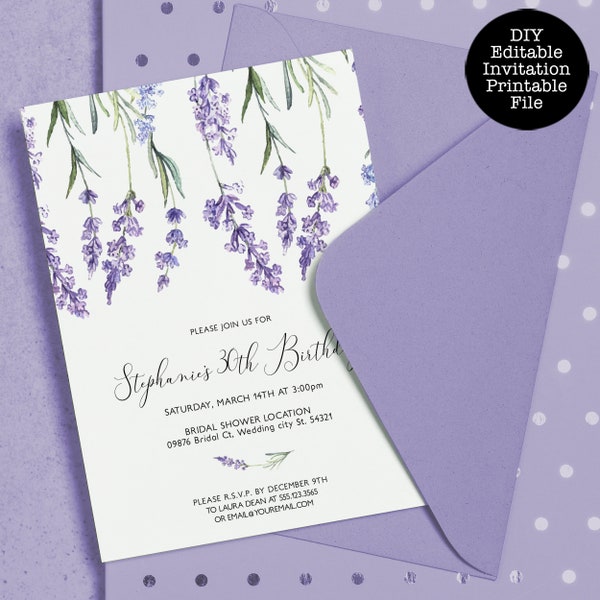Editable Lavender Birthday Invitations, Purple Floral Birthday Invitations, Lavender Themed, Printable Invitation Template, Lavender Invite