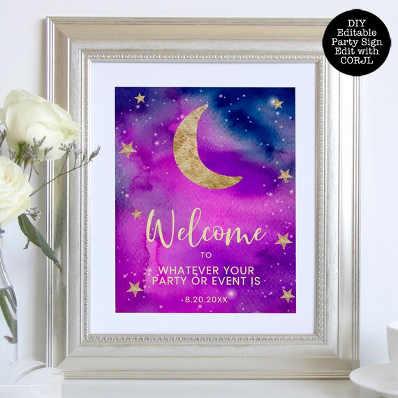 Moon and Stars Welcome Signs, Editable Party Sign, Instant Download, Twinkle Twinkle Little Star Welcome Sign, Galaxy Printable Party Sign Il_570xn