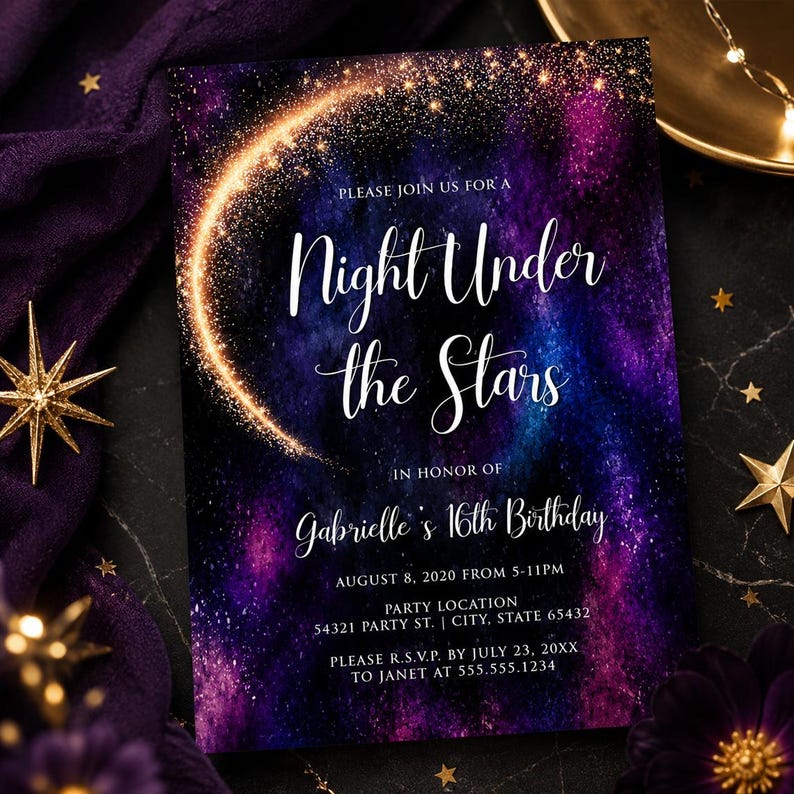 May include: A Night Under the Stars invitation with a galaxy-themed background in shades of purple and blue. The invitation features a golden crescent and text that reads "Night Under the Stars" and details for a 16th birthday party.