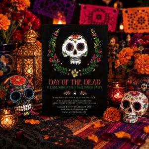 Sugar Skull Halloween Invitation, Day of the Dead Invitation Template, Dia de los Muertos Party Invite, Editable Costume Party Invitation