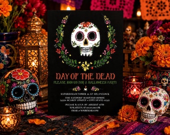 Sugar Skull Halloween Invitation, Day of the Dead Invitation Template, Dia de los Muertos Party Invite, Editable Costume Party Invitation