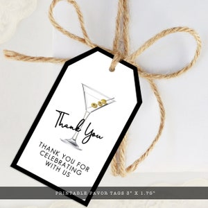 Black and White Cocktail Favor Tags. Sleek and fun style invitation designed with a martini glass with olives. Designed By MetroEvents