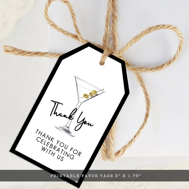 Black and White Cocktail Favor Tags. Sleek and fun style invitation designed with a martini glass with olives. Designed By MetroEvents