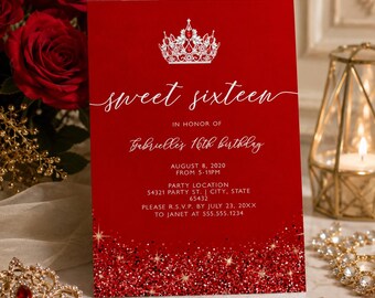 Elegant Red Quinceañera Invitation, Editable Sweet 15 Invite Template, Red glitter Quince Invitation Printable
