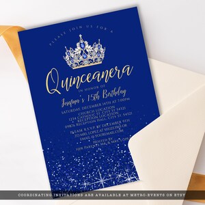Royal Blue and Gold Quinceanera Invitations. A stunning royal blue design created with faux glitter on a blue background and crown accent. Designed By MetroEvents.