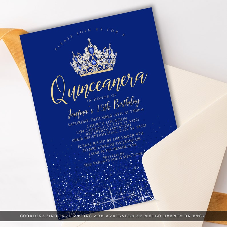 Royal Blue and Gold Quinceanera Invitations. A stunning royal blue design created with faux glitter on a blue background and crown accent. Designed By MetroEvents.