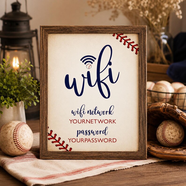 May include: A rectangular wooden frame containing a sign with a baseball theme. The sign features the text wifi, wifi network, YOURNETWORK, password, and YOURPASSWORD in blue and red. A baseball graphic replaces the dot on the i in wifi.