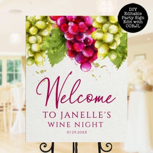 Housewarming, book club, girls' night? Wine night is a perfect theme for many occasions. This welcome sign is created with red and green grapes with a watercolor texture on a lightly textured background.