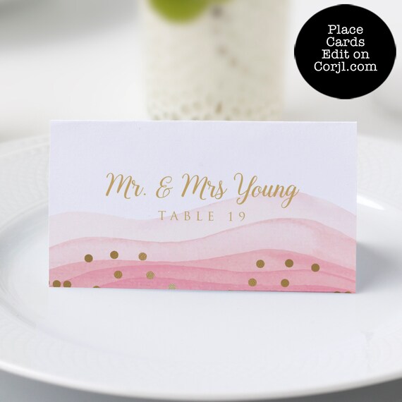 Blush Gold Table Placement Card, Pink Escort Card, Place Card Template