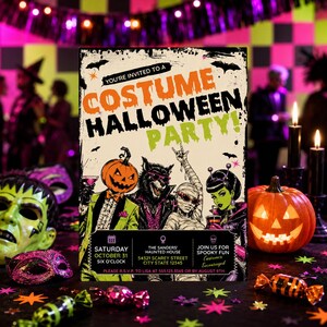 May include: A rectangular Halloween party invitation featuring the text 'YOU'RE INVITED TO A COSTUME HALLOWEEN PARTY!' with illustrations of a pumpkin-headed figure, a werewolf, a mummy, and a green-skinned character in a black and white style.