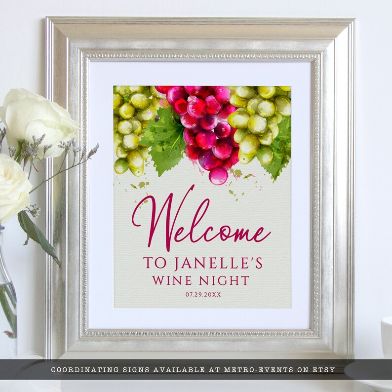 Housewarming, book club, girls' night? Wine night is a perfect theme for many occasions. This welcome sign is created with red and green grapes with a watercolor texture on a lightly textured background.