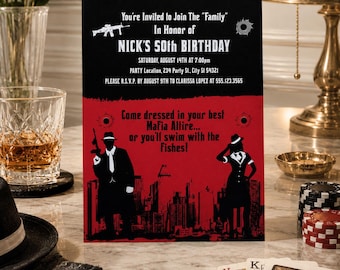 Invito di compleanno a tema gangster, invito per festa a tema gangster, invito di compleanno a tema mafia anni '20, invito per festa a tema Grande Gatsby, invito modificabile
