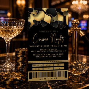 May include: A black and gold Casino Night invitation card featuring playing card suit icons at the top. The text reads: Please join us for a Casino Night, August 8, 20XX from 5-11PM, party location, and RSVP details. Includes a ticket-style section.