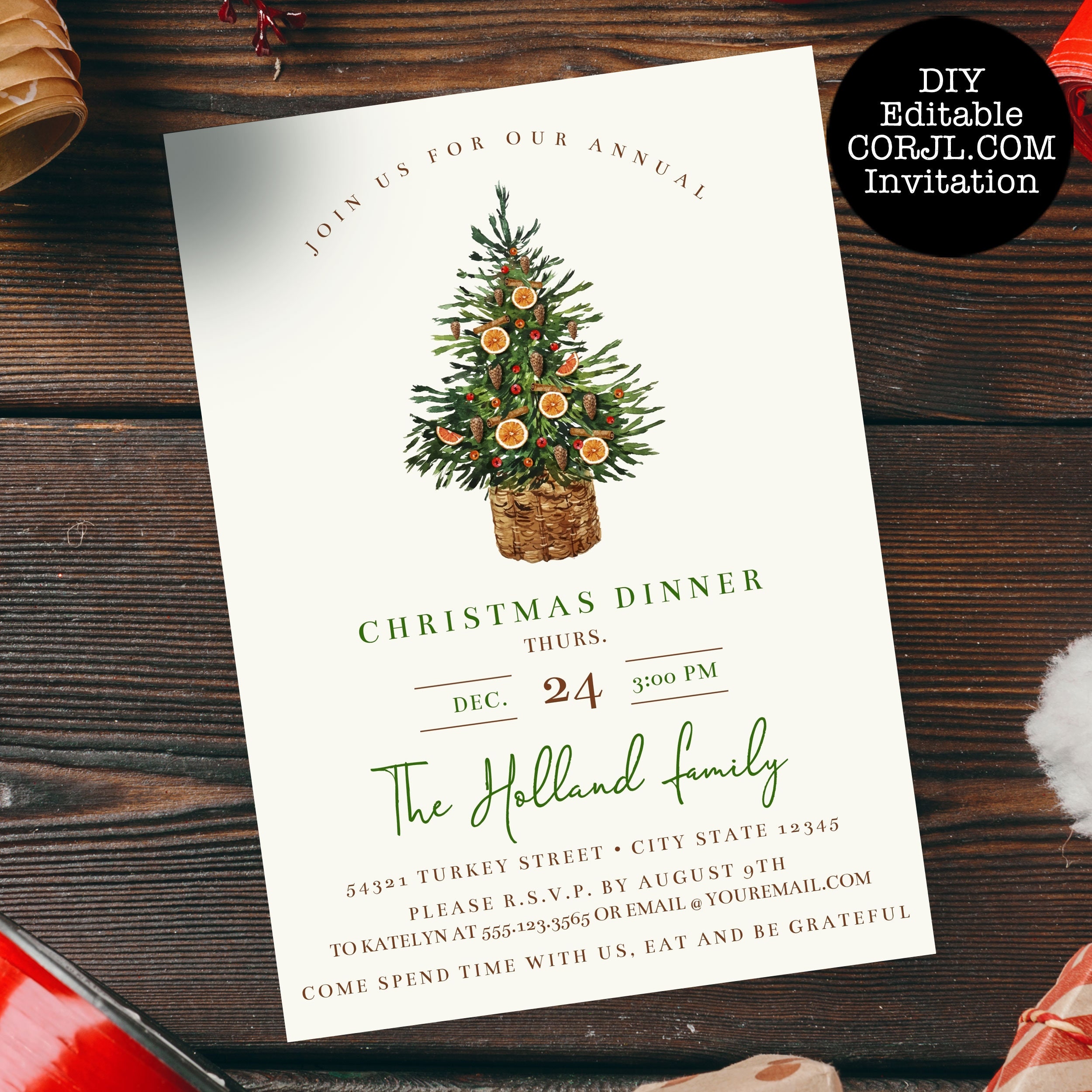 INSTANT DOWNLOAD Lights and Gift Holidays Season Printable Editable Festive Christmas Dinner Kaitlyn Christmas Party Invitations Invites