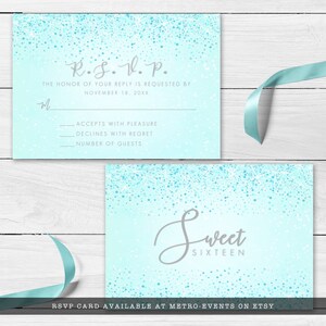 All the glam and sparkle needed for any sweet 16 party, this sweet 16 birthday dinner RSVP card is created with sparkling faux aqua glitter on a coordinating background.