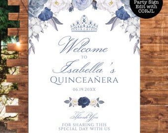 Quinceanera Welcome Sign, Blue and White Floral Sign, Printable Sign, Custom Welcome Sign, Editable Welcome Sign, Instant download