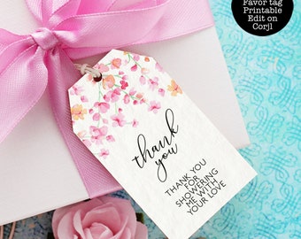 Blush Pink Floral Thank You Favor Tags, Pink Cherry Blossom Shower Gift Tags, Editable Favor Tags