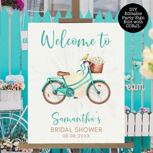 Rustic Bicycle and Daisy-Themed Bridal Shower Welcome Signs. This whimsical design is created with a vintage teal green bicycle with daisy accents and a yellow canary. Designed By MetroEvents.