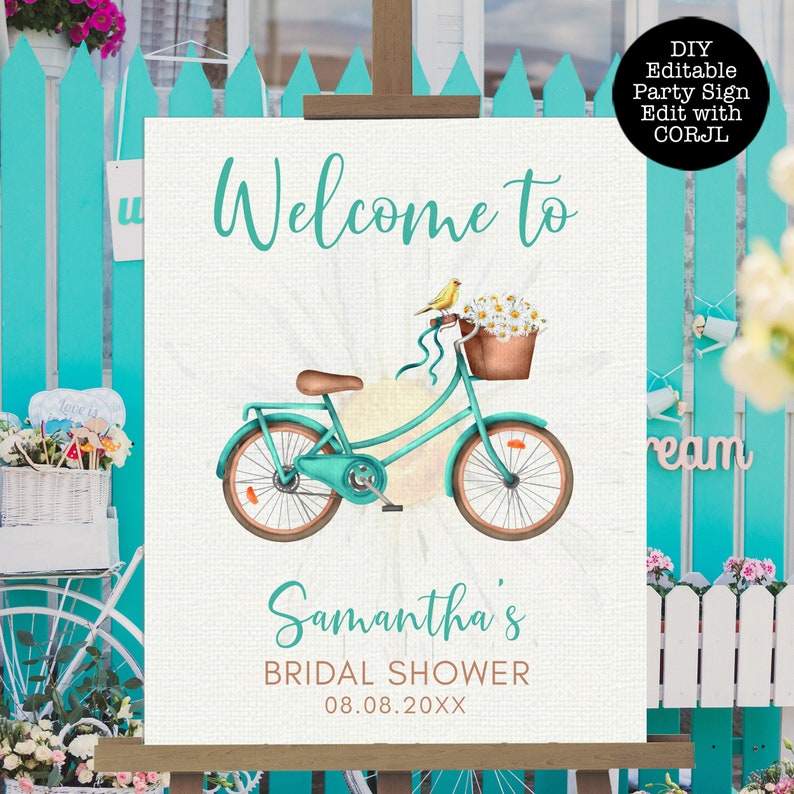 Rustic Bicycle and Daisy-Themed Bridal Shower Welcome Signs. This whimsical design is created with a vintage teal green bicycle with daisy accents and a yellow canary. Designed By MetroEvents.