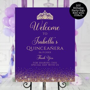 Purple and Gold Glitter Welcome Sign, Sweet Sixteen, Printable Party Sign, Instant Download, Quinceanera Sign, Princess Sign, Corjl Template