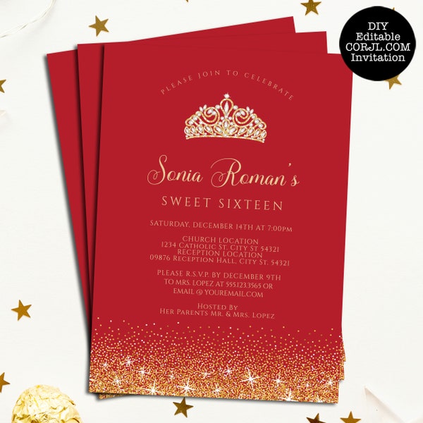 Red and Gold Sweet Sixteen Invitation, Sweet 16 Invitations, Glitter Sweet 16 Invite, Printable Invite, Instant Download, Corjl Invitations