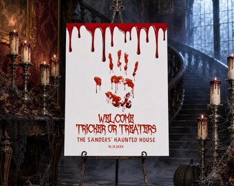 Bloody Handprint Halloween Welcome Sign, Editable Haunted House Party Decor, Corjl Template