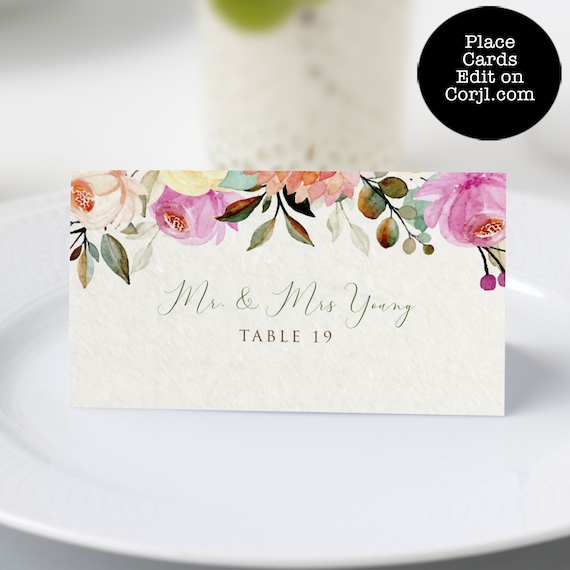 Autumn Floral Table Placement Cards, Floral Escort Cards, Place Card