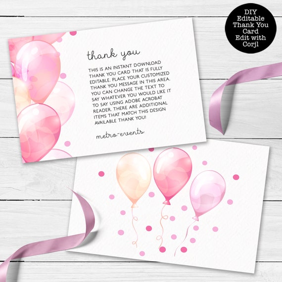 Pink Thank You Cards, Balloon Thank You Cards, Thank you Card , Thank You Notes, Editable Card, Printable Thank You Card, Corjl Template Il_570xn