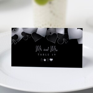 printable escort card with Customizable Corjl Template Silver and Black Casino Night with Hearts Spades Clubs Diamonds Perfect for Birthday Party Favors and Decorations