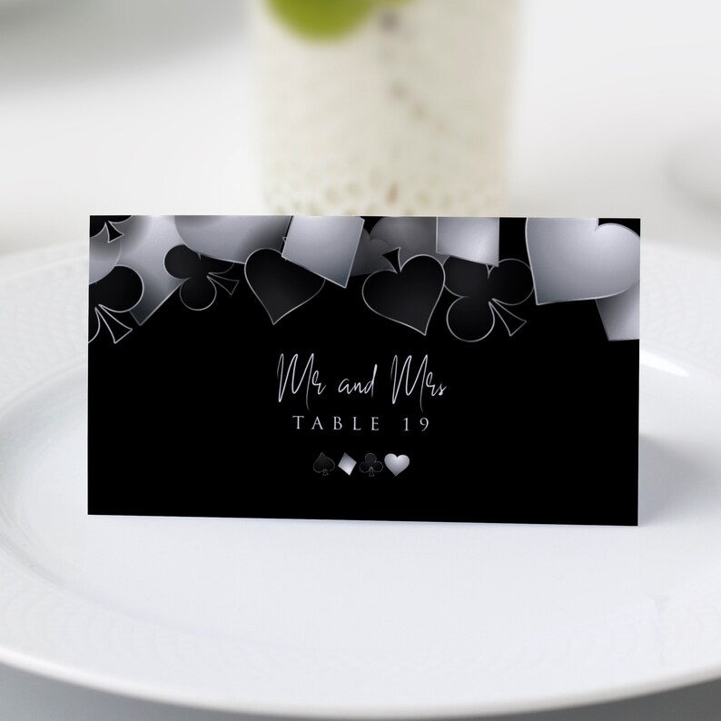 printable escort card with Customizable Corjl Template Silver and Black Casino Night with Hearts Spades Clubs Diamonds Perfect for Birthday Party Favors and Decorations