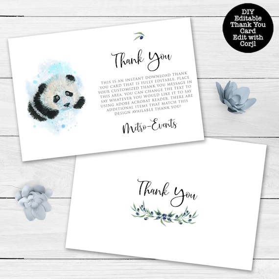 Baby Panda Thank You Cards, Panda Thank you Card, Editable Card, Custom Thank You Cards, Printable Thank You Card, Panda Thank You Notes Il_570xn