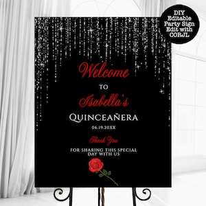 Red Rose Quinceanera Welcome Sign: Silver Glitter (Printable, Instant Download)