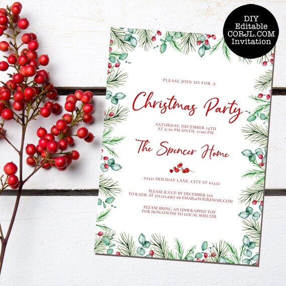 Christmas Party Invitations, Rustic Pine Invitation, Printable Invitation, Holiday Party