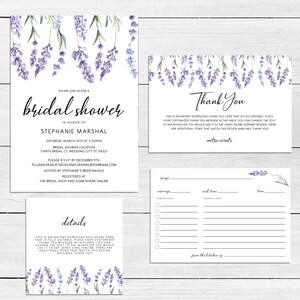 May include: A set of printable stationery featuring watercolor lavender sprigs in shades of purple and green. The collection includes a bridal shower invitation, a thank you card, a details card, and a recipe card, all with black text.