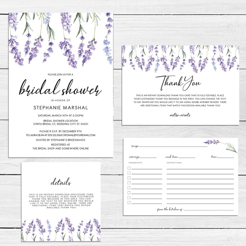 May include: A set of printable stationery featuring watercolor lavender sprigs in shades of purple and green. The collection includes a bridal shower invitation, a thank you card, a details card, and a recipe card, all with black text.